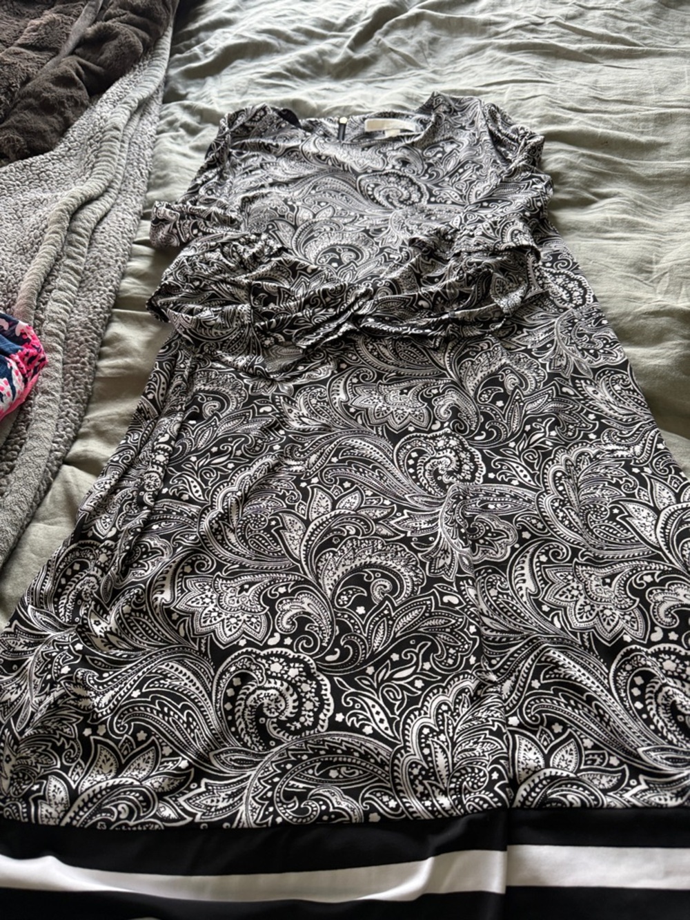 Michael Kors Black and White Paisley Long Sleeve Dress
